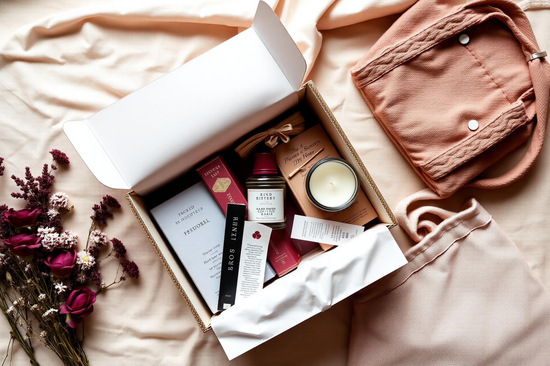 A book themed mystery box opened with novels, a candle, and gifts